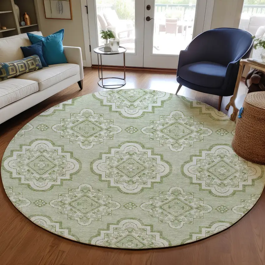 8' Artichoke Green And Ivory Round Medallion Washable Indoor Outdoor Area Rug Photo 6