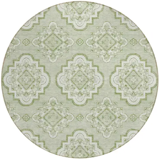 8' Artichoke Green And Ivory Round Medallion Washable Indoor Outdoor Area Rug Photo 2