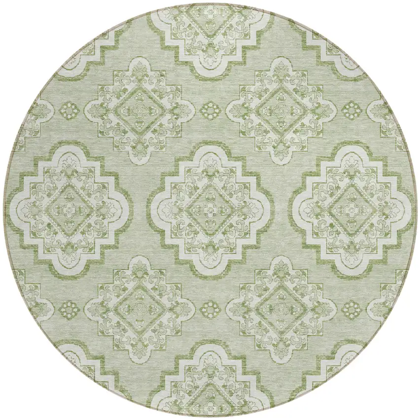 8' Artichoke Green And Ivory Round Medallion Washable Indoor Outdoor Area Rug Photo 2