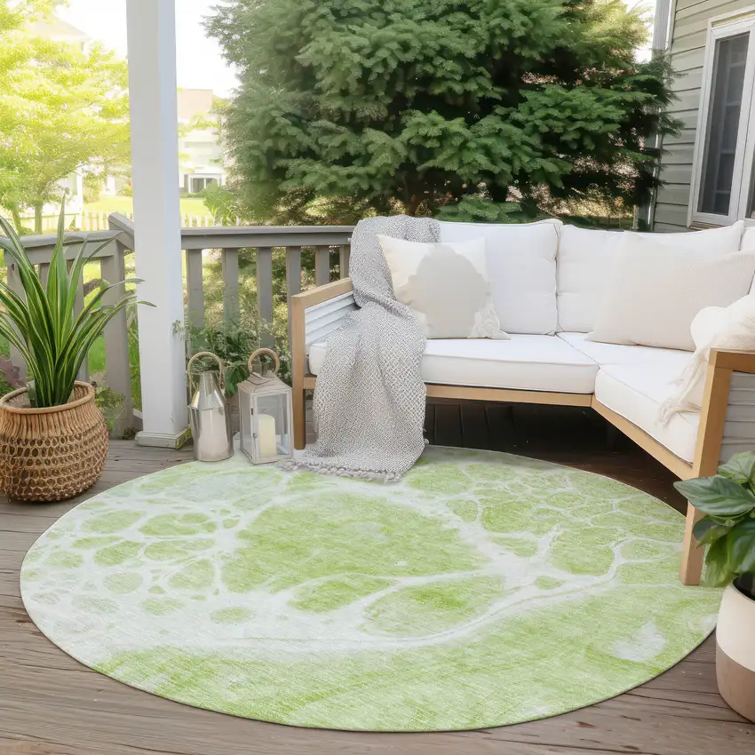8' Artichoke Green And Ivory Round Nautical Washable Indoor Outdoor Area Rug Photo 6