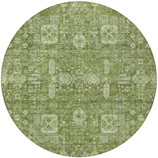 8' Artichoke Green And Ivory Round Oriental Washable Indoor Outdoor Area Rug Photo 5