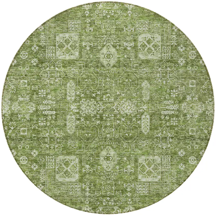 8' Artichoke Green And Ivory Round Oriental Washable Indoor Outdoor Area Rug Photo 5