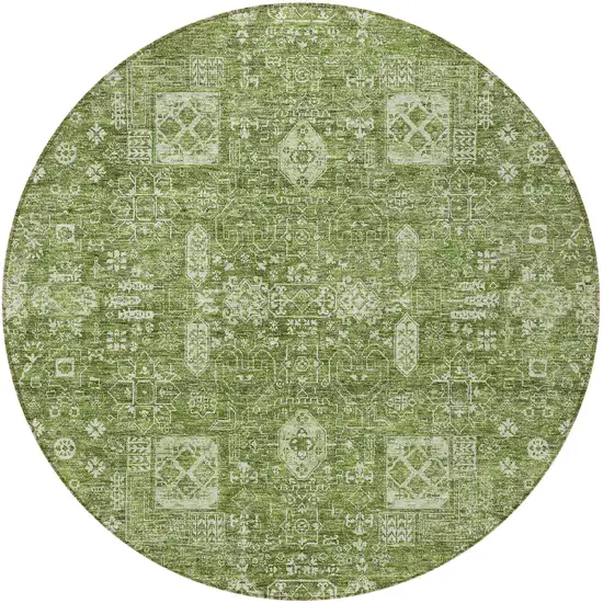 8' Artichoke Green And Ivory Round Oriental Washable Indoor Outdoor Area Rug Photo 5
