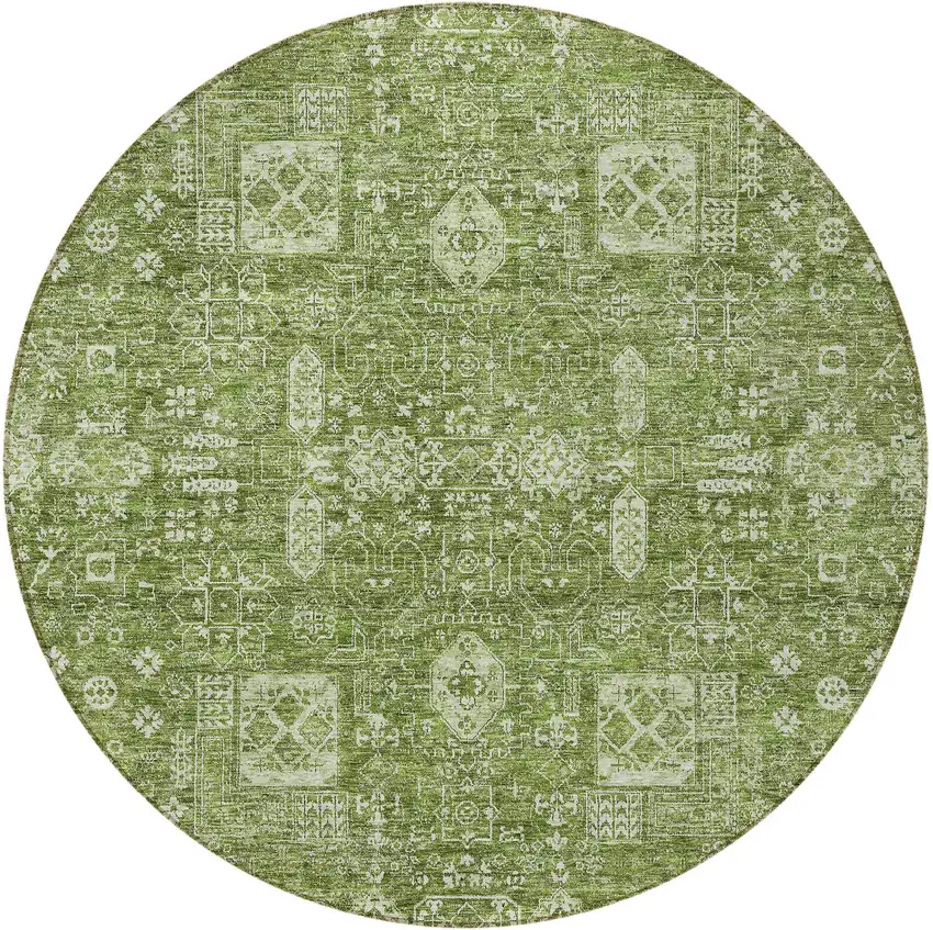 8' Artichoke Green And Ivory Round Oriental Washable Indoor Outdoor Area Rug Photo 5