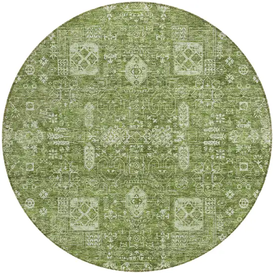 8' Artichoke Green And Ivory Round Oriental Washable Indoor Outdoor Area Rug Photo 1