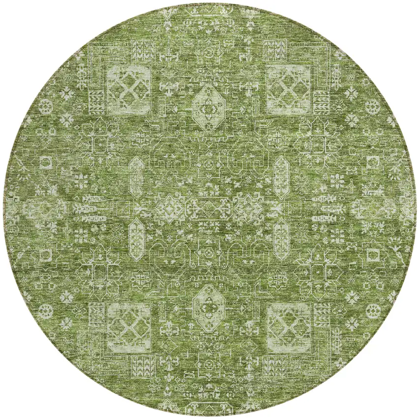 8' Artichoke Green And Ivory Round Oriental Washable Indoor Outdoor Area Rug Photo 1