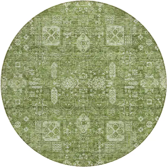 8' Artichoke Green And Ivory Round Oriental Washable Indoor Outdoor Area Rug Photo 1