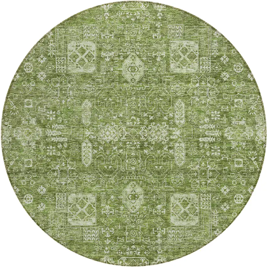 8' Artichoke Green And Ivory Round Oriental Washable Indoor Outdoor Area Rug Photo 1