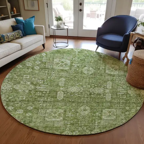 8' Artichoke Green And Ivory Round Oriental Washable Indoor Outdoor Area Rug Photo 7