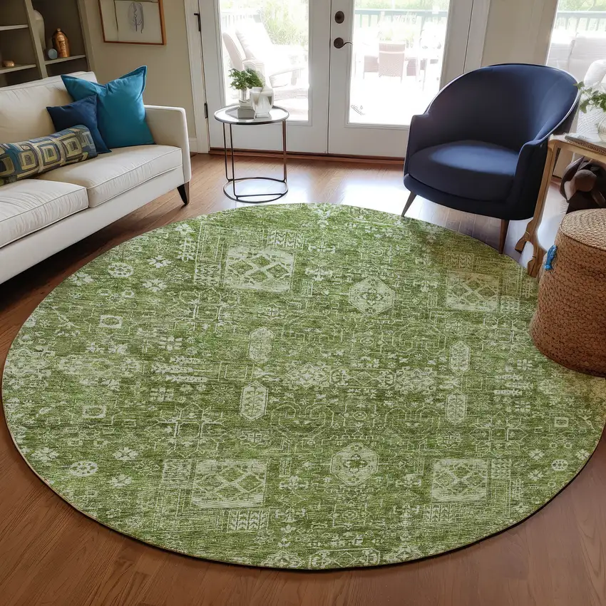 8' Artichoke Green And Ivory Round Oriental Washable Indoor Outdoor Area Rug Photo 7