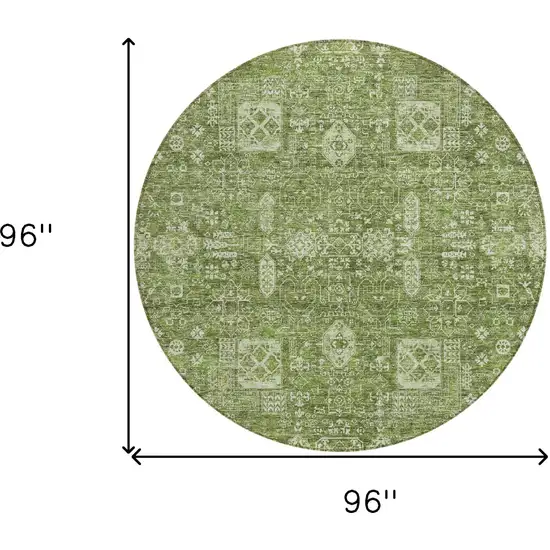 8' Artichoke Green And Ivory Round Oriental Washable Indoor Outdoor Area Rug Photo 9