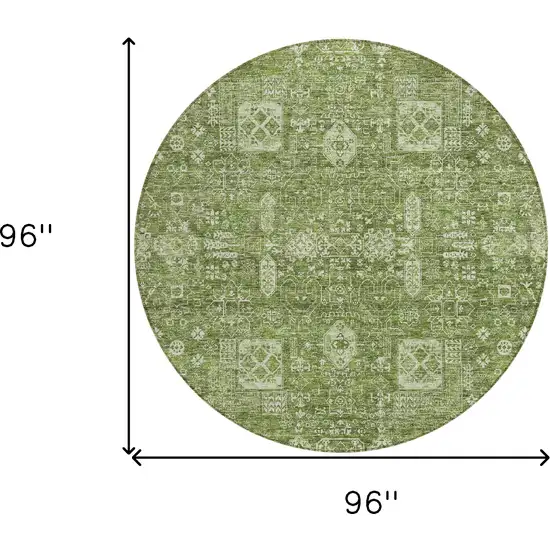8' Artichoke Green And Ivory Round Oriental Washable Indoor Outdoor Area Rug Photo 9