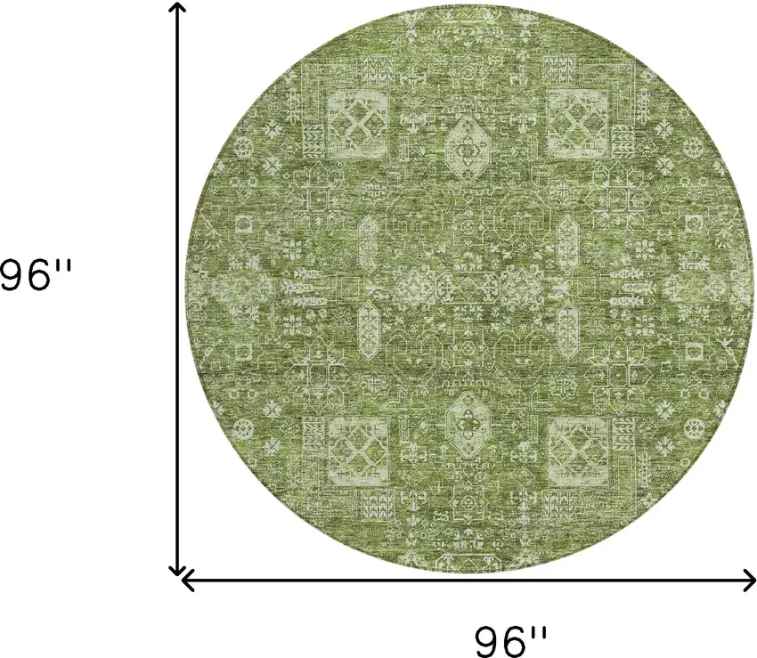8' Artichoke Green And Ivory Round Oriental Washable Indoor Outdoor Area Rug Photo 9