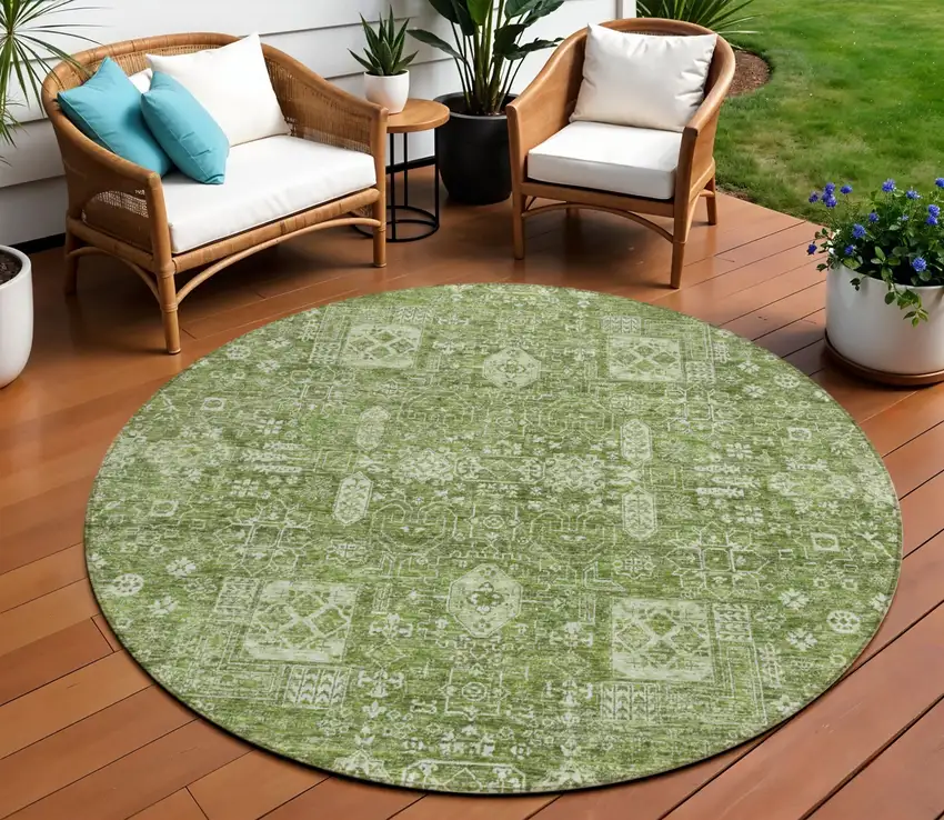 8' Artichoke Green And Ivory Round Oriental Washable Indoor Outdoor Area Rug Photo 1