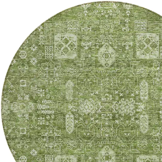 8' Artichoke Green And Ivory Round Oriental Washable Indoor Outdoor Area Rug Photo 4