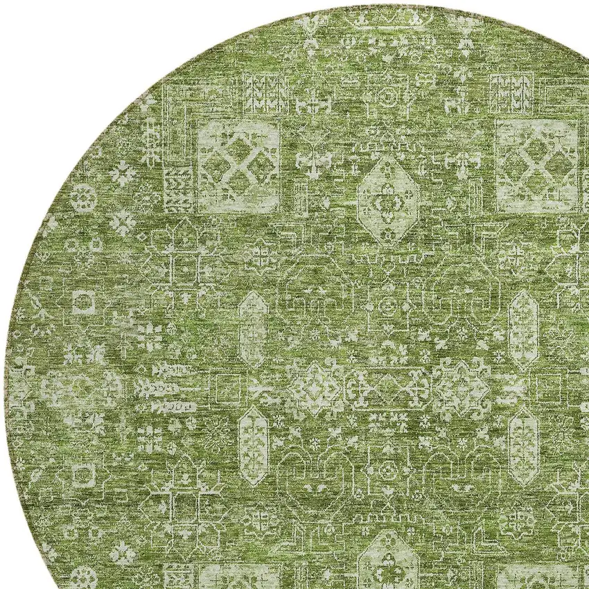 8' Artichoke Green And Ivory Round Oriental Washable Indoor Outdoor Area Rug Photo 4