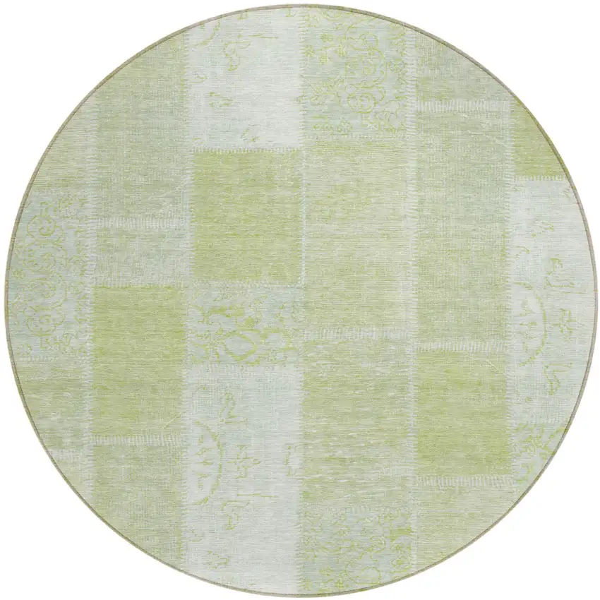 8' Artichoke Green And Ivory Round Patchwork Washable Indoor Outdoor Area Rug Photo 1