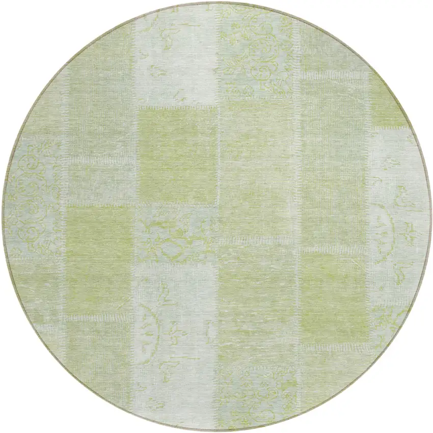 8' Artichoke Green And Ivory Round Patchwork Washable Indoor Outdoor Area Rug Photo 1