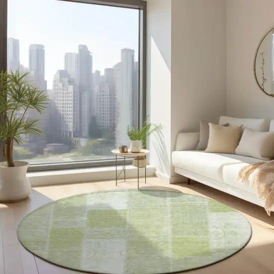 8' Artichoke Green And Ivory Round Patchwork Washable Indoor Outdoor Area Rug Photo 7