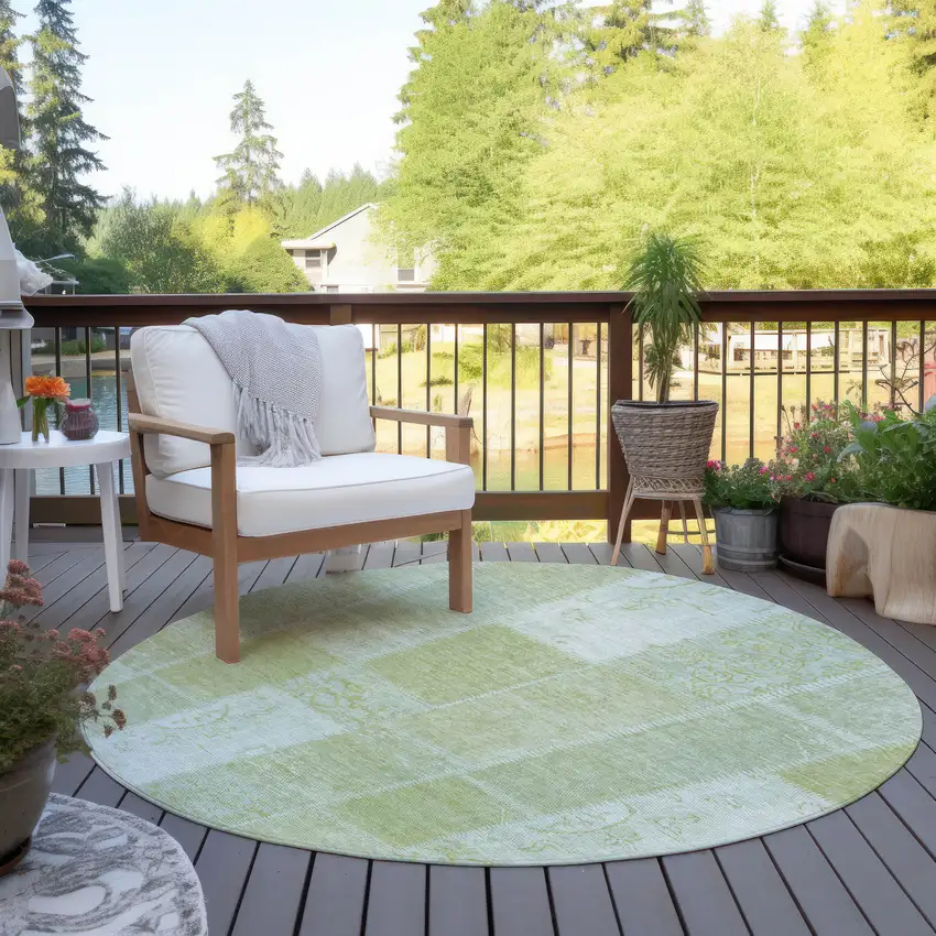 8' Artichoke Green And Ivory Round Patchwork Washable Indoor Outdoor Area Rug Photo 6