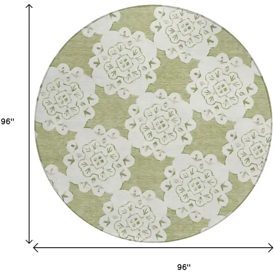 8' Artichoke Green And Ivory Round Quatrefoil Washable Indoor Outdoor Area Rug Photo 3