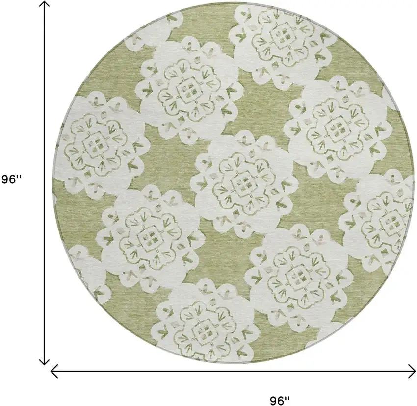 8' Artichoke Green And Ivory Round Quatrefoil Washable Indoor Outdoor Area Rug Photo 3