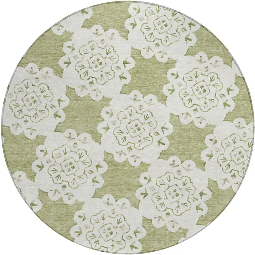 8' Artichoke Green And Ivory Round Quatrefoil Washable Indoor Outdoor Area Rug Photo 2
