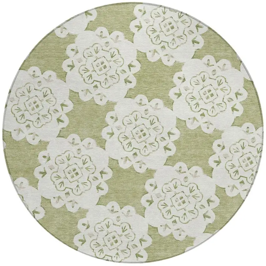 8' Artichoke Green And Ivory Round Quatrefoil Washable Indoor Outdoor Area Rug Photo 4