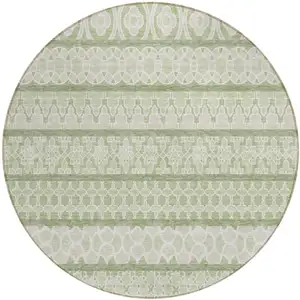 Photo of 8' Artichoke Green And Ivory Round Quatrefoil Washable Indoor Outdoor Area Rug