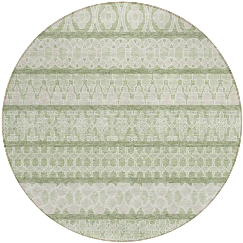 8' Artichoke Green And Ivory Round Quatrefoil Washable Indoor Outdoor Area Rug Photo 1