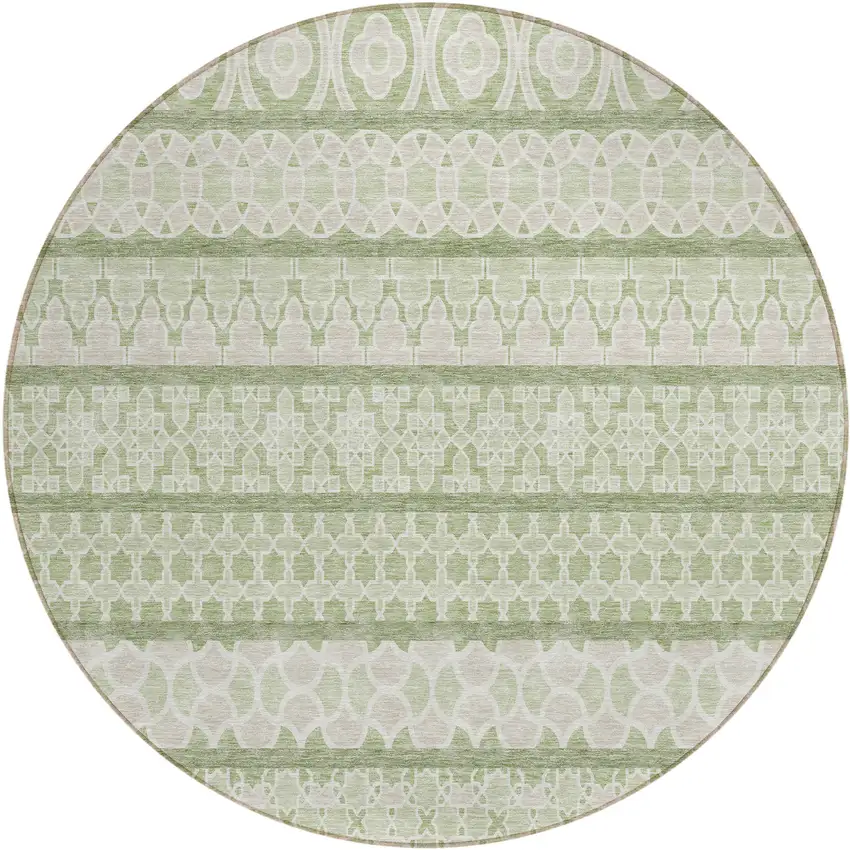 8' Artichoke Green And Ivory Round Quatrefoil Washable Indoor Outdoor Area Rug Photo 1