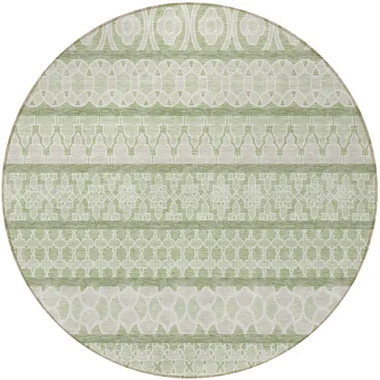8' Artichoke Green And Ivory Round Quatrefoil Washable Indoor Outdoor Area Rug Photo 4