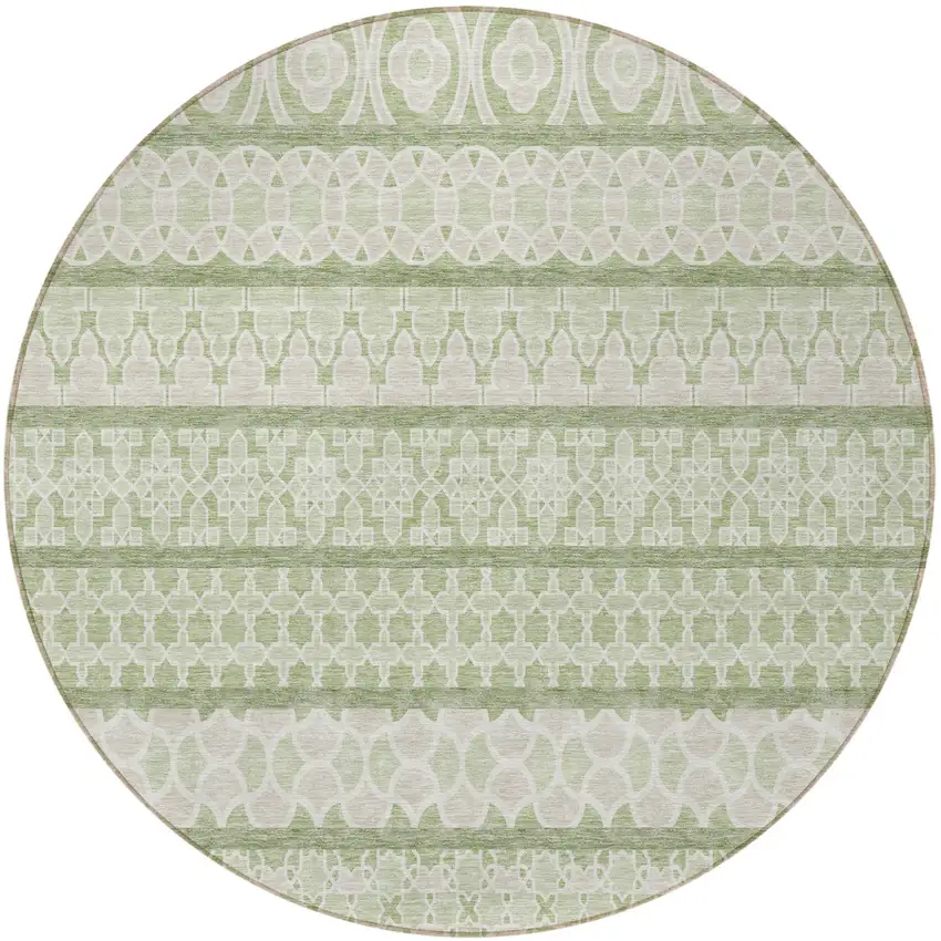 8' Artichoke Green And Ivory Round Quatrefoil Washable Indoor Outdoor Area Rug Photo 4