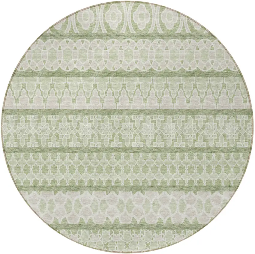 8' Artichoke Green And Ivory Round Quatrefoil Washable Indoor Outdoor Area Rug Photo 4