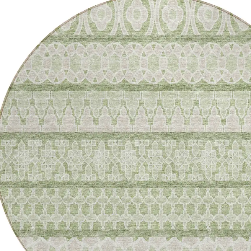 8' Artichoke Green And Ivory Round Quatrefoil Washable Indoor Outdoor Area Rug Photo 3