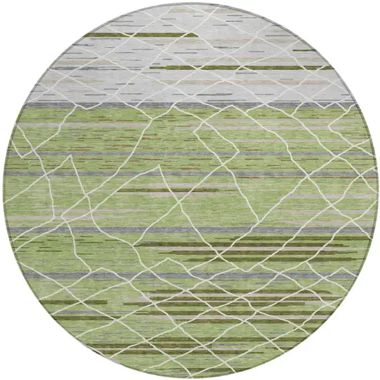 8' Artichoke Green And Ivory Round Striped Washable Indoor Outdoor Area Rug Photo 2