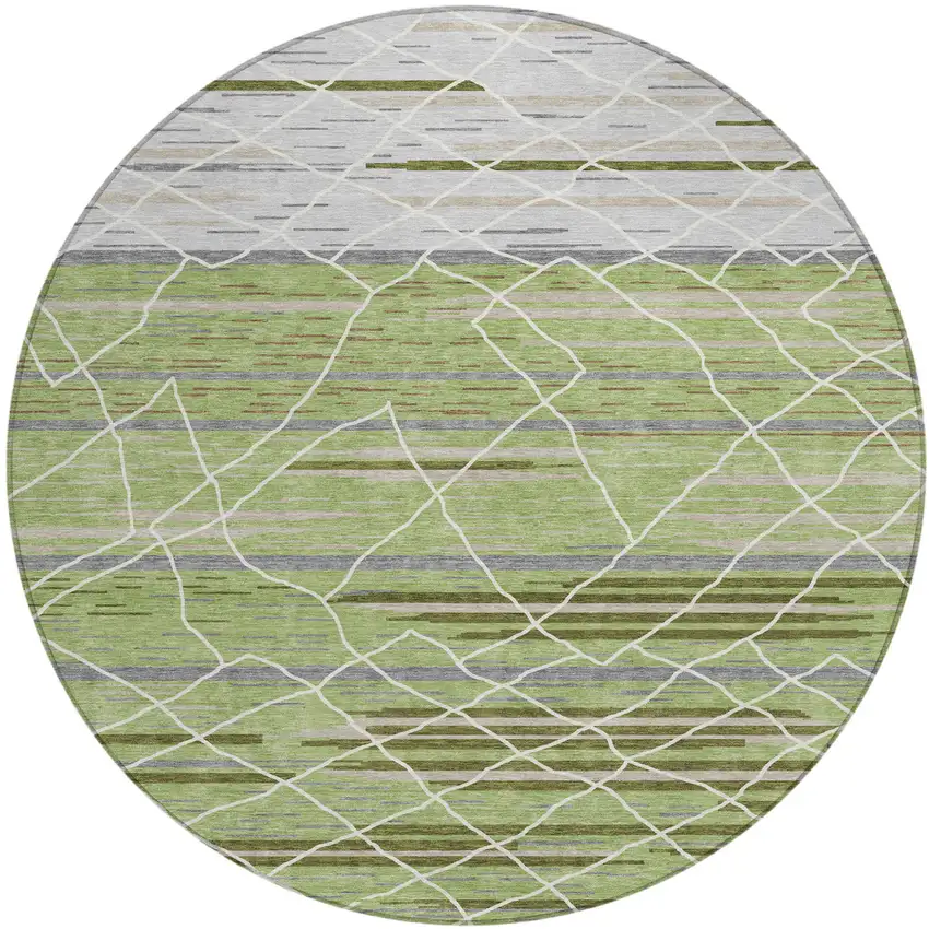 8' Artichoke Green And Ivory Round Striped Washable Indoor Outdoor Area Rug Photo 2
