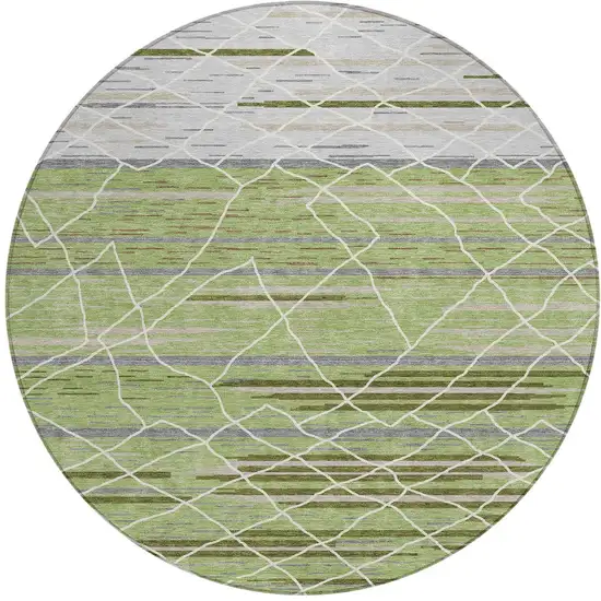 8' Artichoke Green And Ivory Round Striped Washable Indoor Outdoor Area Rug Photo 6