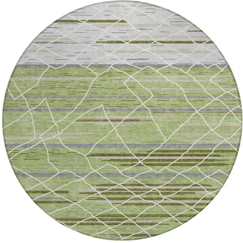 8' Artichoke Green And Ivory Round Striped Washable Indoor Outdoor Area Rug Photo 6