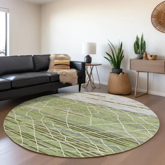 8' Artichoke Green And Ivory Round Striped Washable Indoor Outdoor Area Rug Photo 8