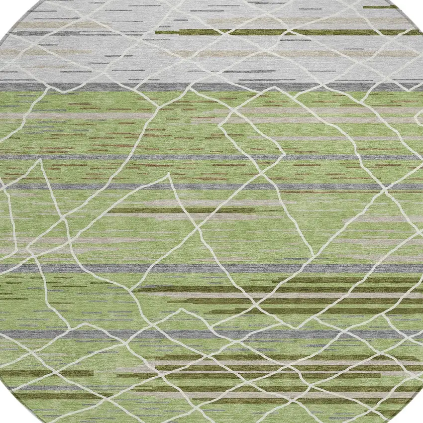 8' Artichoke Green And Ivory Round Striped Washable Indoor Outdoor Area Rug Photo 5