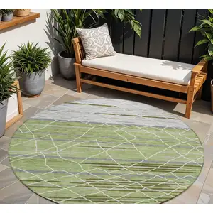 Photo of 8' Artichoke Green And Ivory Round Striped Washable Indoor Outdoor Area Rug