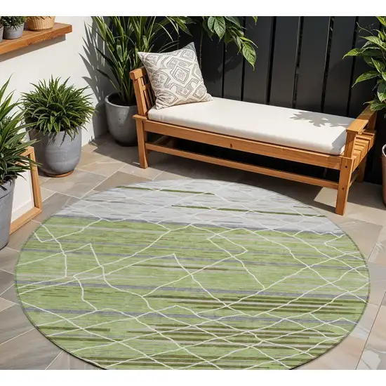8' Artichoke Green And Ivory Round Striped Washable Indoor Outdoor Area Rug Photo 1