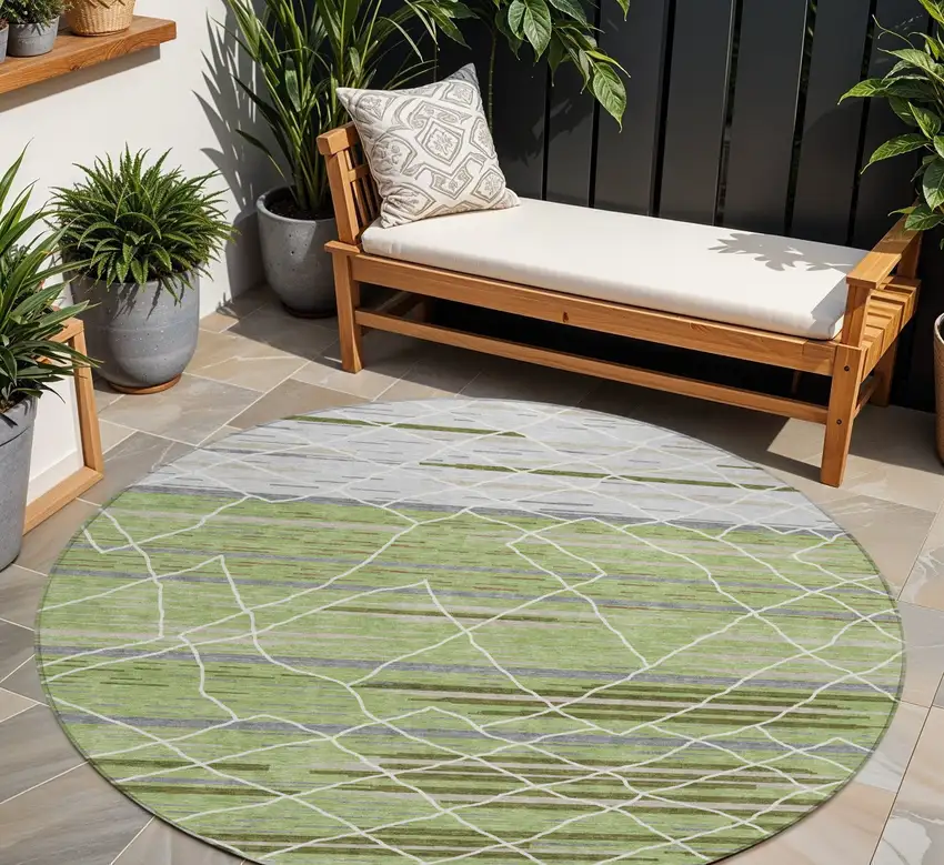 8' Artichoke Green And Ivory Round Striped Washable Indoor Outdoor Area Rug Photo 1