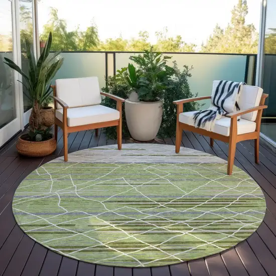 8' Artichoke Green And Ivory Round Striped Washable Indoor Outdoor Area Rug Photo 7