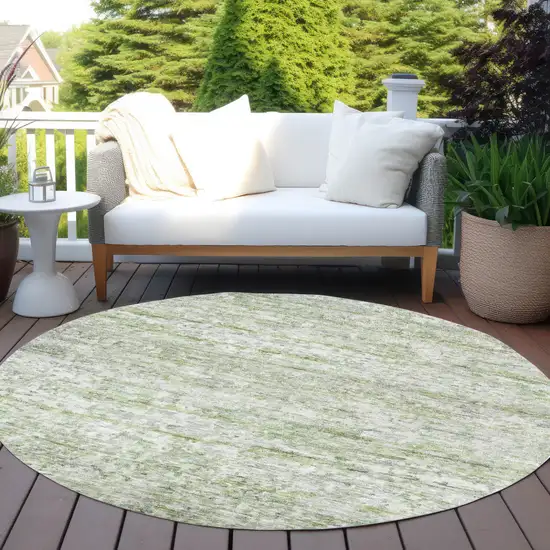 8' Artichoke Green And Ivory Round Striped Washable Indoor Outdoor Area Rug Photo 7