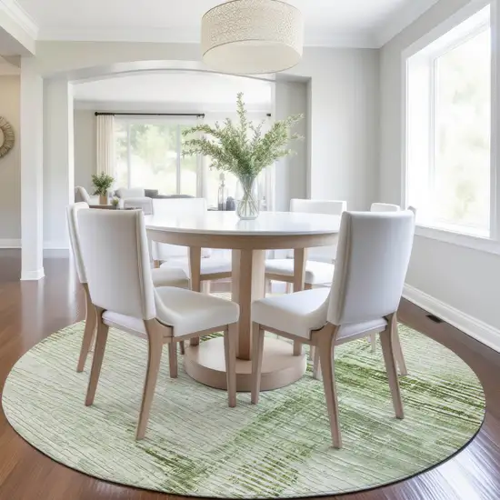 8' Artichoke Green And Ivory Round Striped Washable Indoor Outdoor Area Rug Photo 6