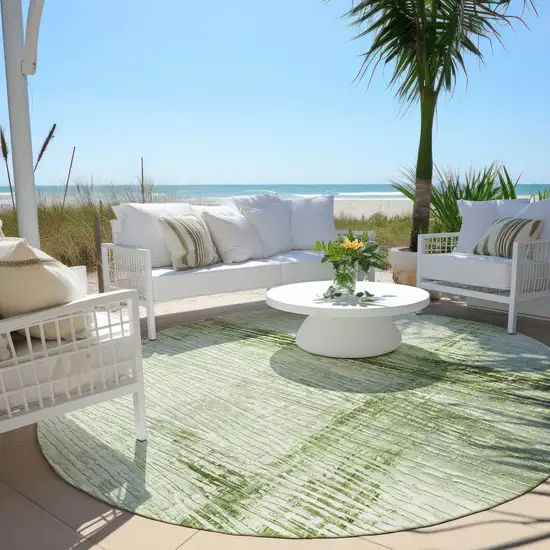 8' Artichoke Green And Ivory Round Striped Washable Indoor Outdoor Area Rug Photo 5