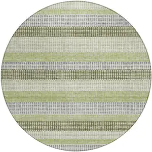 Photo of 8' Artichoke Green And Ivory Round Striped Washable Indoor Outdoor Area Rug