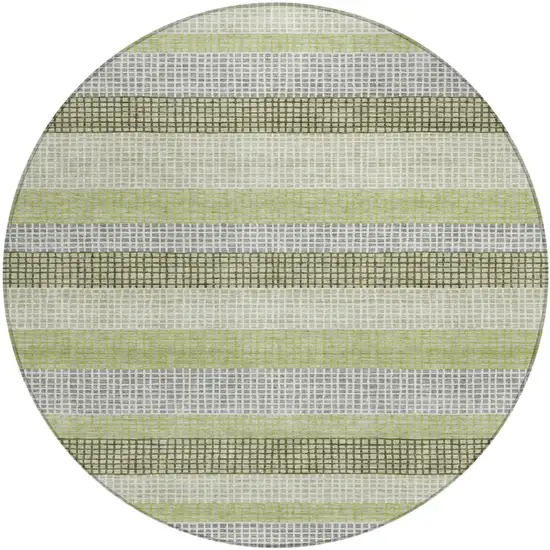 8' Artichoke Green And Ivory Round Striped Washable Indoor Outdoor Area Rug Photo 1